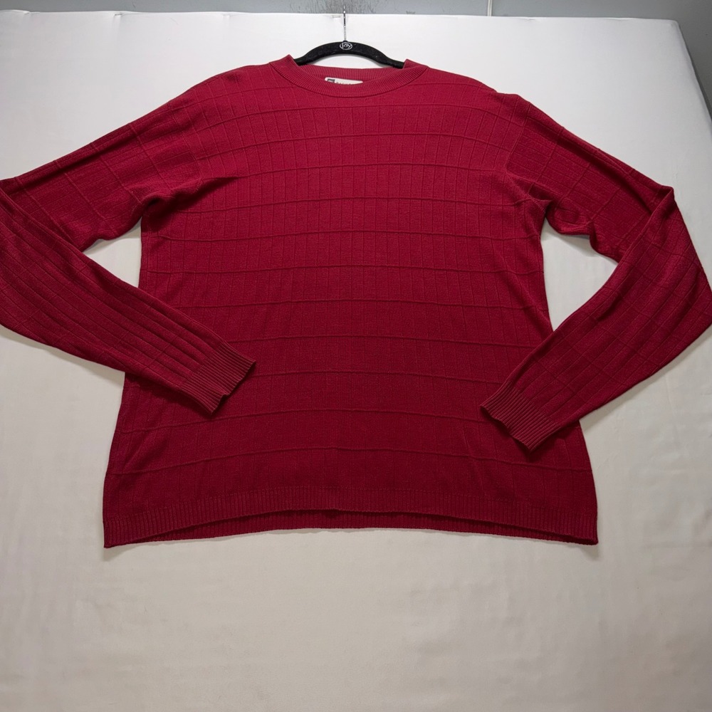 Bachrach Sweater Mens Medium Red Silk Grid Textured Long Sleeve Pullover Luxury